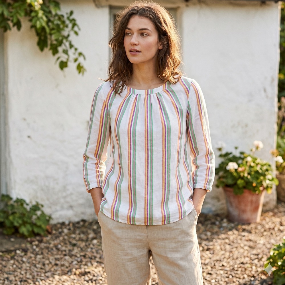 Boden Womens Linen Top 8 White Rainbow Stripe Button Back 3/4 Sleeve Preppy